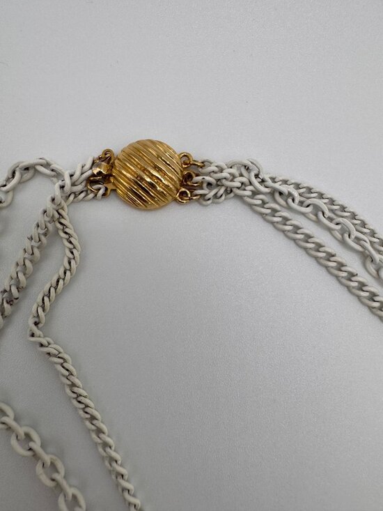 Vintage White Enamel Gold Pendant Necklace Multi Strand Chain Layered - Picture 5 of 7